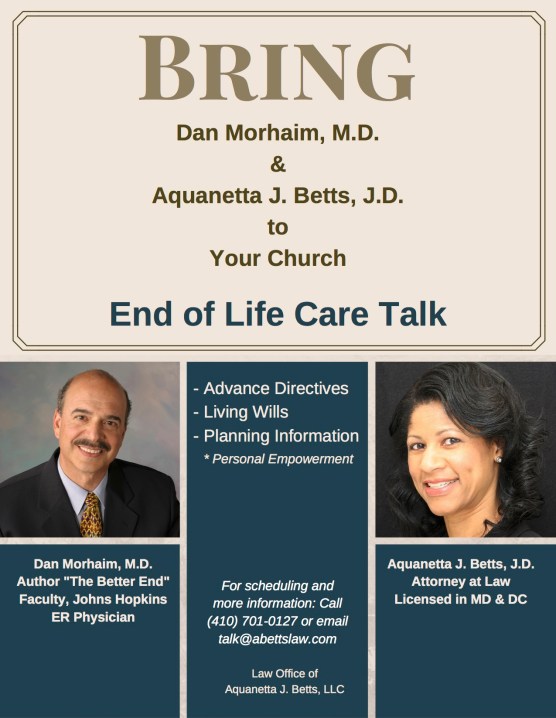 Morhaim and Betts End of Life Care Talk Church Flyer